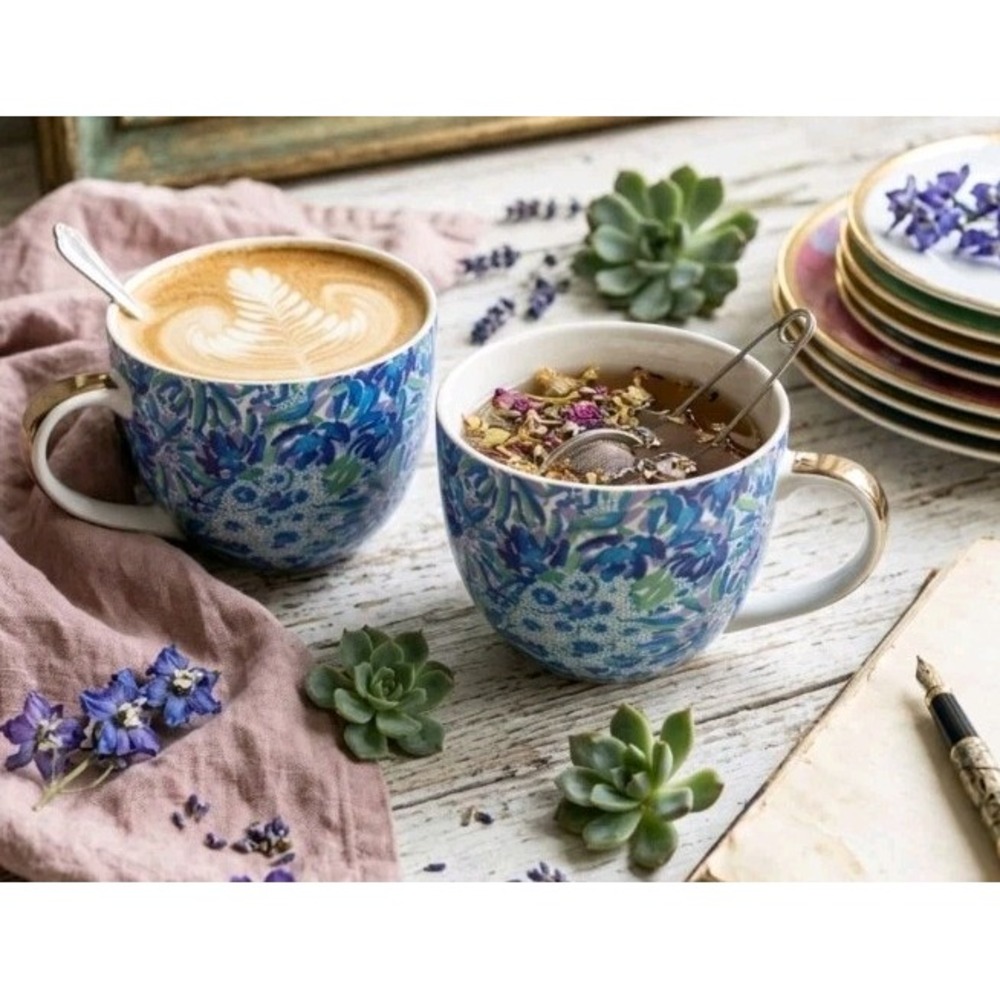 Lilly Pulitzer Ceramic Mug Set of 2 Blue Floral Gold Trim Beach Tropical Coastal